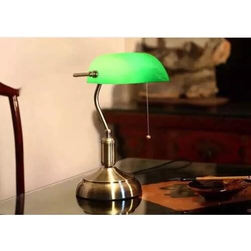 Classical Vintage Simple Banker Table Lamp E27 with Green Glass Lampshade Desk Lights for Bedroom Study Room Home Reading