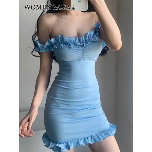 Korea Strapless Ruffles Lace Slash Neck Pleated Elastic Temperament Womens Sexy Girl Female Mini tank Dress 2021 Sexy Sweet XQTO