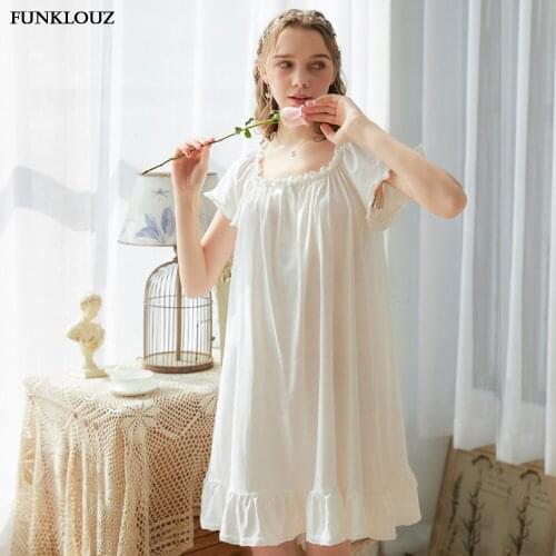 Summer Women Kawaii White Cotton Sleepwear Nightdress Nightwear Nightgown Homewear Dress Luxury Gown 2020