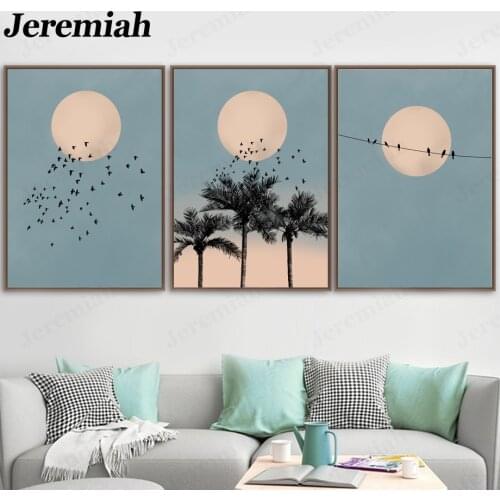 Nordic Minimalist Landscape Painting Canvas Poster Fog Blue Sun Moon Bird Palm Tree Picture Print Living Room Home Decoration