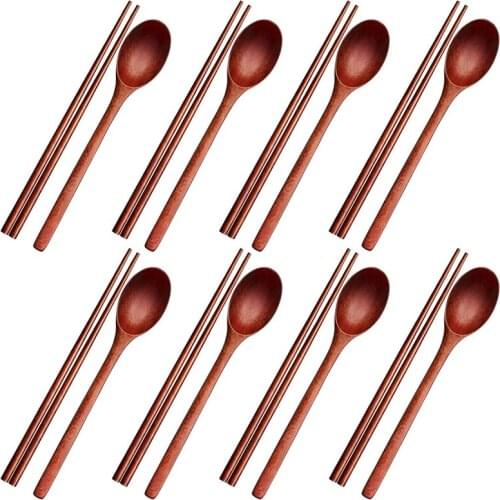 16Pcs Long Handle Wooden Spoon and Chopsticks Set Flatware Reusable Tableware Combination Utensils for Eating Food