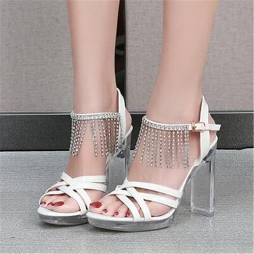 2021 New Womens Summer Rhinestone Tassel Shoes Catwalk Artifact Model Fine Sexy Black Platform 11 CM Transparent Heels Sandals