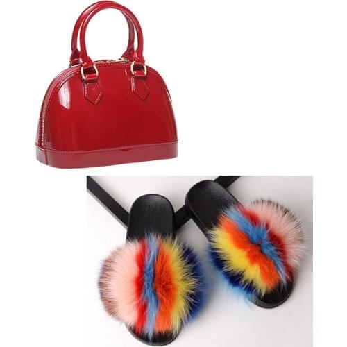 New Hot Women Indoor Colorful Jelly Bag Fur Slides Match Set Ladies Fluffy Plush Fur Slippers Transparent Handbag Fur Flip Flops