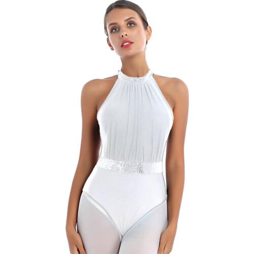 New Women Ballet Leotard Halter Neck Cutout Back Bodysuit Sequin Waist Leotard Ballet Contemporary Dance Class Exercise Costume