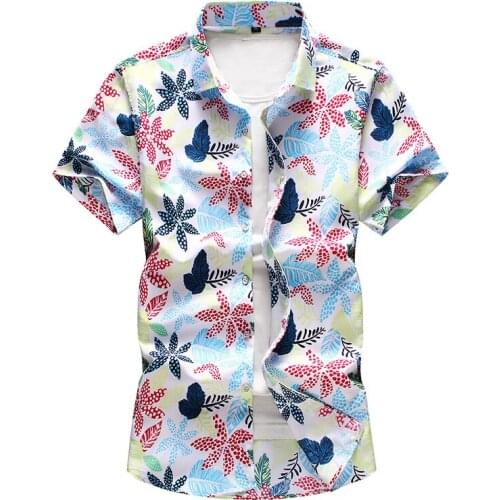New Men Hip hop floral print Hawaiian Beach casual white shirt Plus Size 7XL man Slim fit Short sleeve shirt camisa masculina