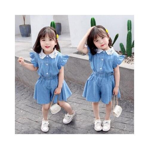 New girl lace collar denim suit summer girl childrens clothing fashion denim stitching lace lapel short sleeve two-piece tide
