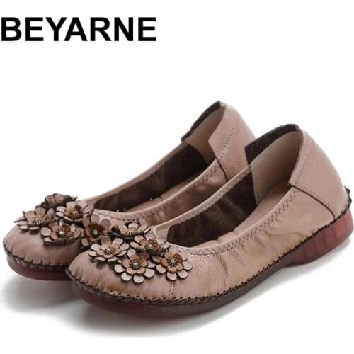 BEYARNE Handmade Women Shoes Flats Genuine Leather Shallow mouth Flower Single shoes Woman Loafers Vintage womens Leather shoes