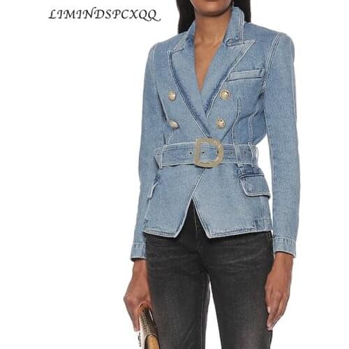 2020 Fashion Designer Jeans Blaser Women Casaco Feminino Double Breasted Jackets Lion Buttons Suit Coat Belted Soft Denim Jacket