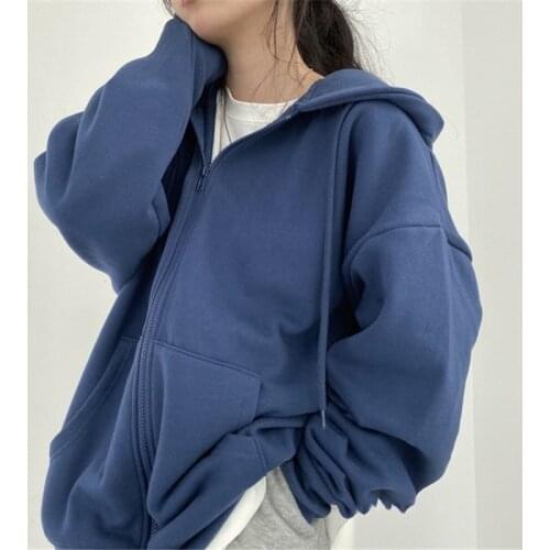 Women Oversized Hoodies Autumn Casual Solid Zipper Sweatshirts Korean Version Loose Thin Long-sleeved Hooded Female Jacket Coat