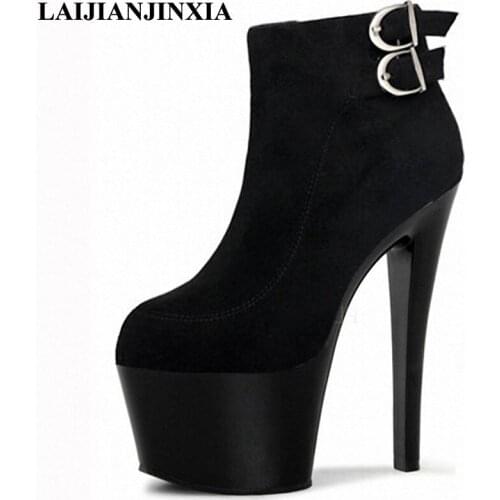 Metal decoration Thin High Heel Platform Women Boots Zipper Sexy Boots Ankle Boots 17cm Autumn and Winter Short Boots Black