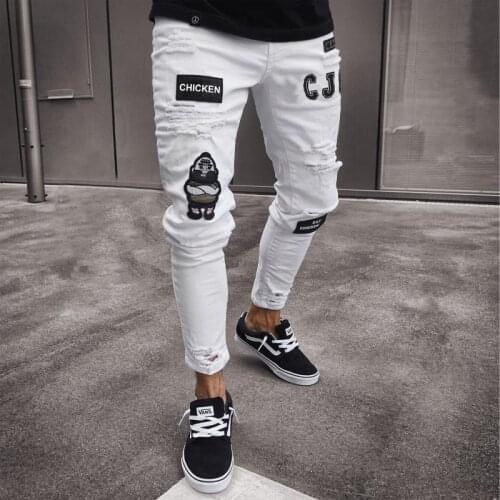 3 Styles Men Fashion Taped Slim Fit Denim Scratched High Quality Jean Stretchy Ripped SkinnyStreet Biker Embroidery Print Jeans