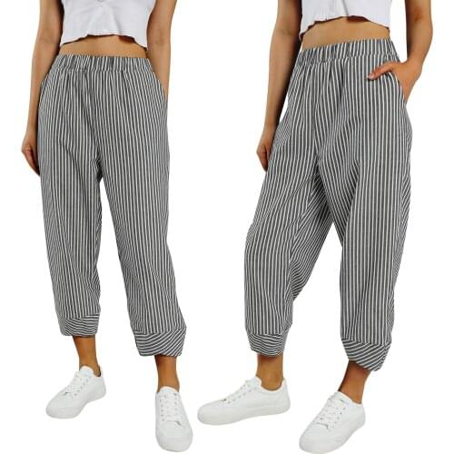 Women Spring Casual Pants, Stripes Middle Waist Ankle-Length Loose Trousers for Girls, Gray/Blue