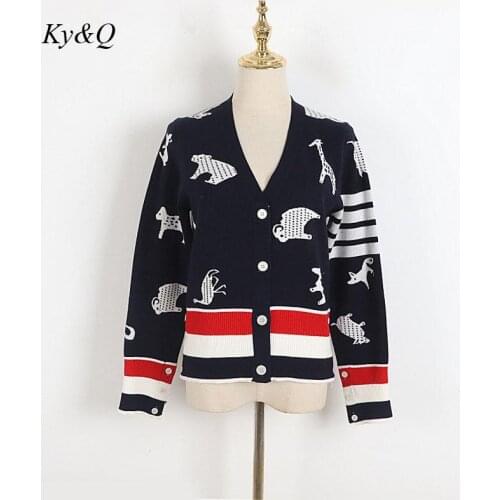 Luxury Brand 2021 Early Autumn Design Animal Jacquard Pattern Knitted Cardigan Female Preppy Style Slim V-Neck Sweater Coat