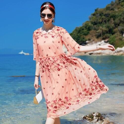 2021 High-end Summer Women Dress 100% Mulberry Silk Woman Dresses Pink Floral Boho Beach Vestidos Womens Clothing Robes WPY3810