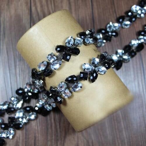 2yards Black White Rhinestones Acrylic Beaded Lace Trim Chain Ribbon DIY Sewing Collar Clothes Wedding Dress Decoration Applique