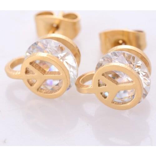 316L Stainless Steel Peace Stud Earring Gold Color Zircon Stone Women Stud Earring