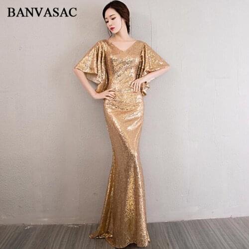 BANVASAC V Neck Elegant Gold Sequined Mermaid Long Evening Dresses 2018 Half Sleeve Backless Party Prom Gowns