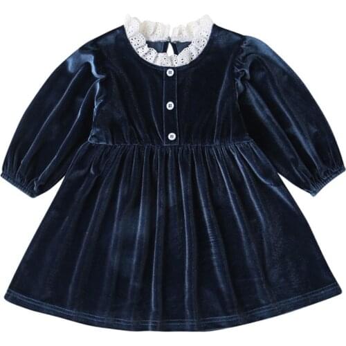 Girls long sleeve velvet dress baby elegant fall winter velour blue dresses vintage lace collar cute dress cute kids clothes