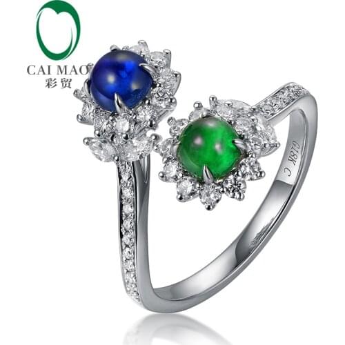 CAIMAO Natural Cabochon Cut Emerald and Sapphire Halo H SI Brilliant Diamonds Engagement Wedding Ring for Annivesary Finegems