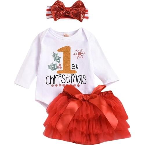 New Christmas Baby Girl My First Outfits Long Sleeve Romper + Tutu Skirt + Bow Headband 3Pcs Clothes Set