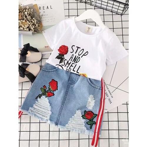 2pcs Dess Sets Dess And T Shirt Cotton Denim Baby Girls Dress Child Clothing Rose Short 2021Summer Vintage Character
