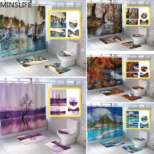 Beautiful Landscape Painting Bath Curtain Toilet Cover Mat Non Slip Rug Waterproof Shower Curtains with 12 Hooks Bathroom Sets