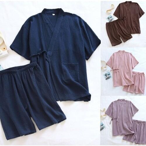 2021 Summer Women Kimono Solid Cotton Homwear New Pajamas Sets Printed Short Sleeve Soft Sleepwear V Neck Home Nighwear Japanese