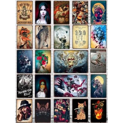 Beauty Girl Tattoos Metal Sign Metal Plates For Wall Home Craft Cafe Bar Garage Boxing Zone Decoration Vintage Iron Poster