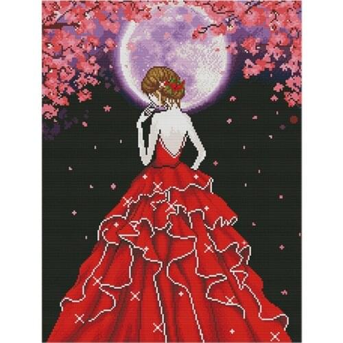 Cross Stitch Stamped Kits Printed Embroidery Cloth Needlepoint Kits Easy Patterns for Pretty Lady on Moonlit Night 11CT