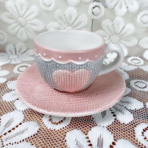 Pink Cute Ceramic Coffee Cup and Saucer Set Aesthetic French Afternoon Tea Cup Relief Demitasse Cup Canecas Kitchen Accessories