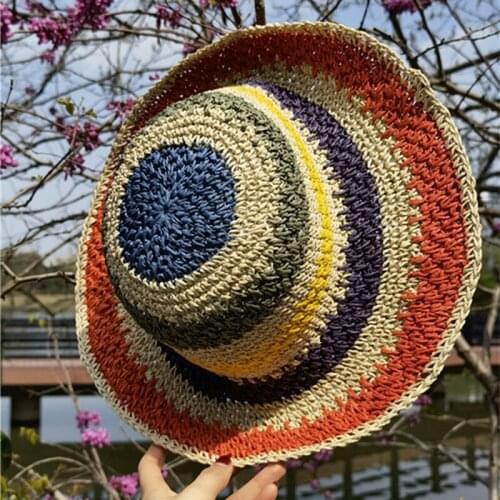 Straw hats spring summer multicolor patchwork sun protection wide brim summer hats outdoor casual beach stripe handmade sun hats