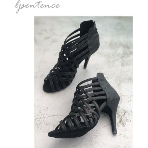 Black Latin Dance Shoes Woman Ladies Glitter Kizomba Bachata Training Stage Performance Party Soft Bottom Cuban Dancing Boots