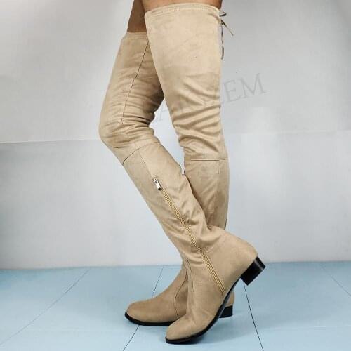 LAIGZEM Beige Faux Suede Women Over Knee Boots Zip Low Heels Boots Thigh High Basic Boots Shoes Botines Botas Size 47 50 51 52