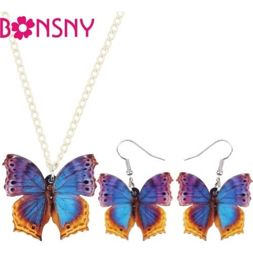 Bonsny Acrylic Tropic Floral Butterfly Earrings Necklace Pendant Fashion Insect Jewelry Sets For Women Girls Teen Gift Wholesale