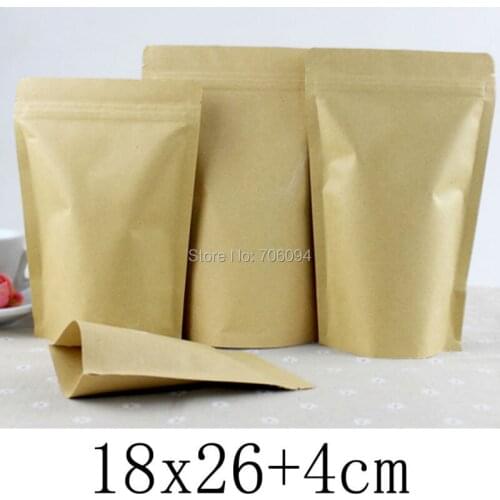 100PCS 18*26+4cm(7.1''10.2'') Stand-up Kraft Paper Bag,Blank Ziplock Kraft Bag for Wedding party candy coffee Tea paper pouch