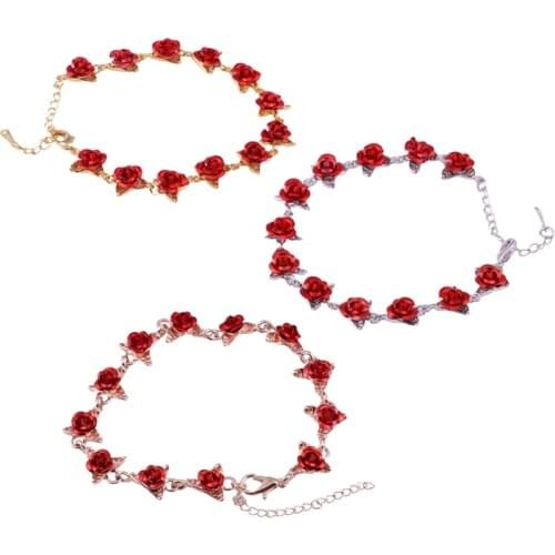 22cm Rose Gold Color Link Chain Romantic Bracelet With Red Enamel Rose Jewelry Valentine Gift For Lover