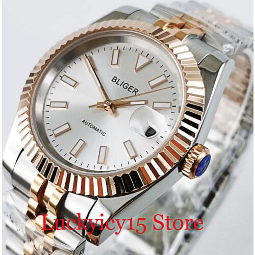 BLIGER Classic Automatic Men Watch Rose Gold Coated Polished Case 21 Jewels MIYOTA 8215 Jubilee Bracelet Silver Dial