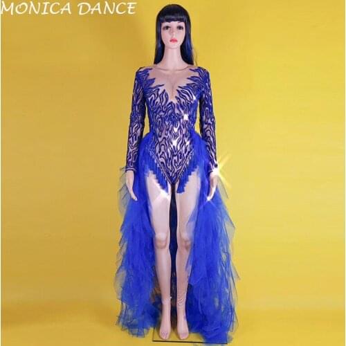 Women Sexy Stage Stretch Costumes Female Singer Dancer Mesh Tail Bodysuit Outfit Womens Nightclub Dance Performance Party Wear