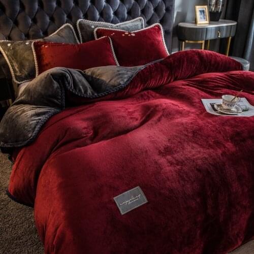 Home Textiles Dark Red Gray Winter Flannel Quilt Cover Pillow Case Winter Bedding Sets 4pcs Soft Warm Duvet Cover Flannel Sheet