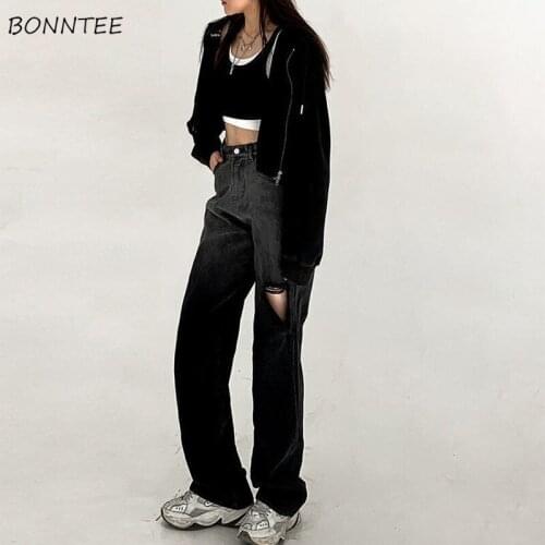 Jeans Women Hole Female Summer New Ins High Waist Loose Wide Leg Full Length Denim Trousers Fashion Korean Style Pocket Retros