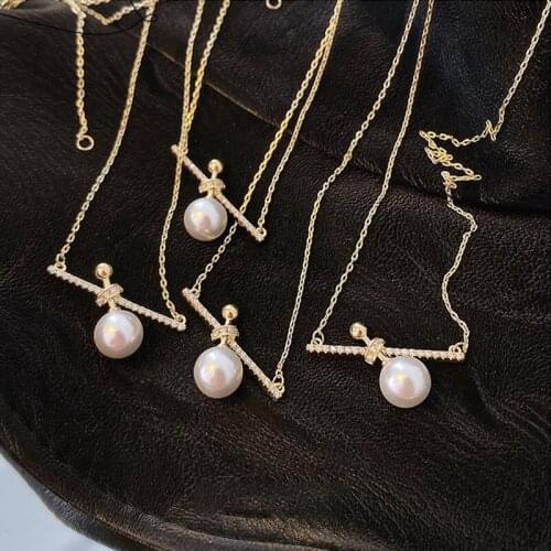 Minimalist French Big Round Simulated Pearl Pendant Necklace for Women Gold Color Chain Bling CZ Stone Geometric Choker Necklace