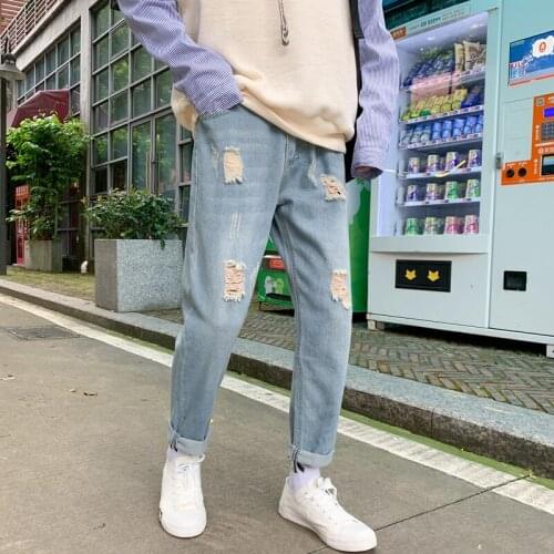 Fashion 2020 street Denim pants mens autumn trend washing loose feet Harlan brand hole beggar personality ankle length pants