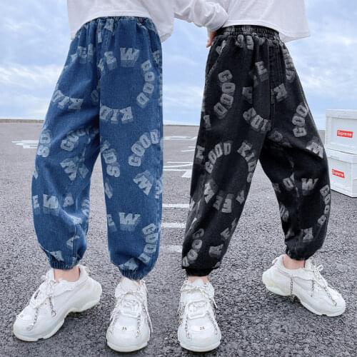 Fashion Boys Girls Denim Pants Loose Casual Style Jeans For Kids Solid Color Children Letter Jeans Teenage Autumn Sport Trousers