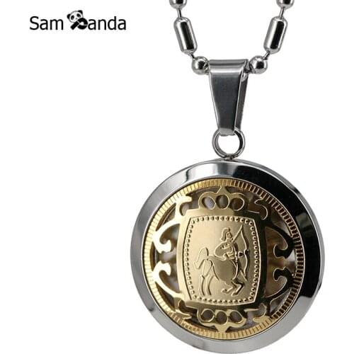 Mens Jewelry Stainless Steel Gold Inlaid Zodiac Suspension Neckalce Astrology Symbol Medal & 22" Cuban Chain Horoscope Tags