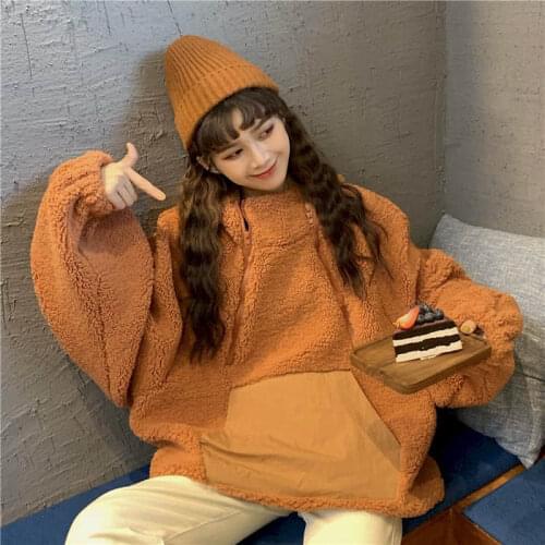 2021 New Lamb Wool Hoodies Women Fall Winter Korean Loose Thick Jacket Oversized Sweatshirt Goth Clothes Solid Harajuku Gothic
