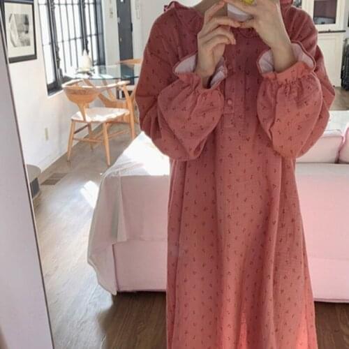 2021 Autumn New Korean Simple Ruffle Cotton Comfortable Dress Long Sleeve Loose and Casual Nightgowns Round Neck Ankle-Length