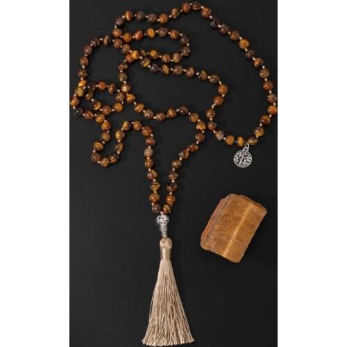 OAIITE Natural 8mm Tiger Eye Stone Necklace Knotted Japamala Mala Buddha Head Pendent Jewelry Buddha Prayer Necklace Women Men