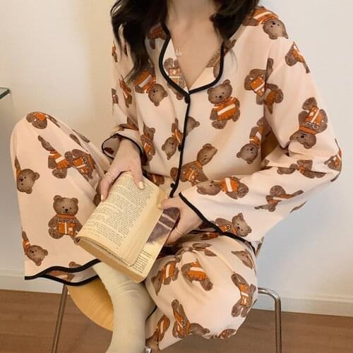 2 Piece Pajama Set Women Ice Silk Sleepwear Cartoon Bear Japan Night Suit Cardigan Cozy Nightgowns Girls Home Clothing Long Pant