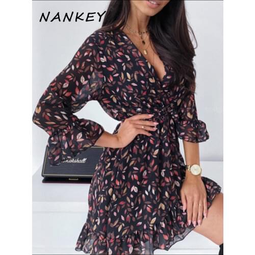 NANKEY Leaf Print 3/4 Sleeve Summer Dress For Women Casual Leopard V Neck Mini Dress Sashes Club Dress Female Party Vestidos