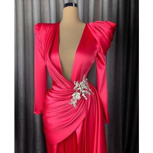 New Arrival V Neck Long Sleeve Custom Plus Size 2020 Evening Gown Dresses For Women Satin Simple Gowns A-line Dress